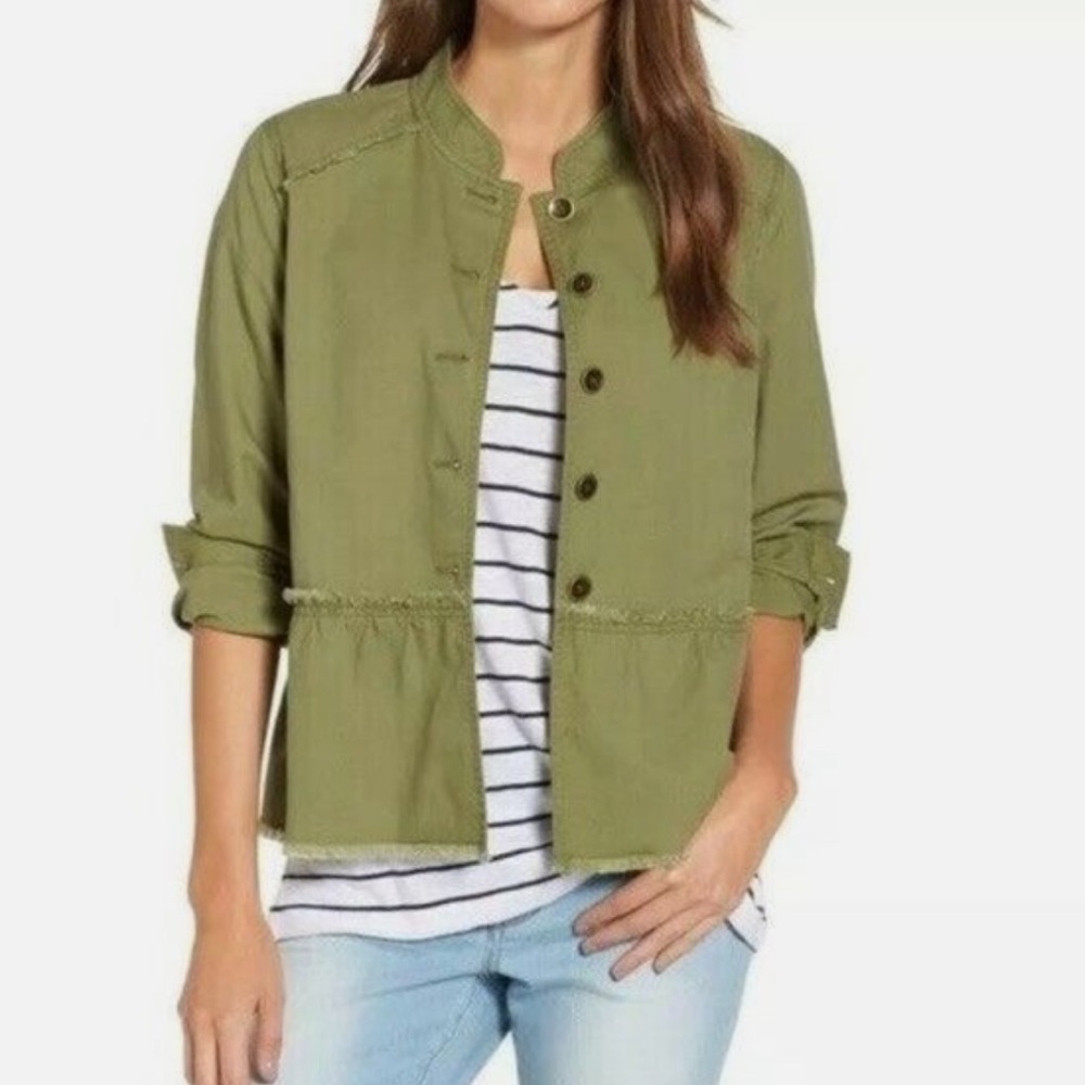 Caslon Utility Green Twill Fringe Trim Button Down Military Jacket Women’s Large
